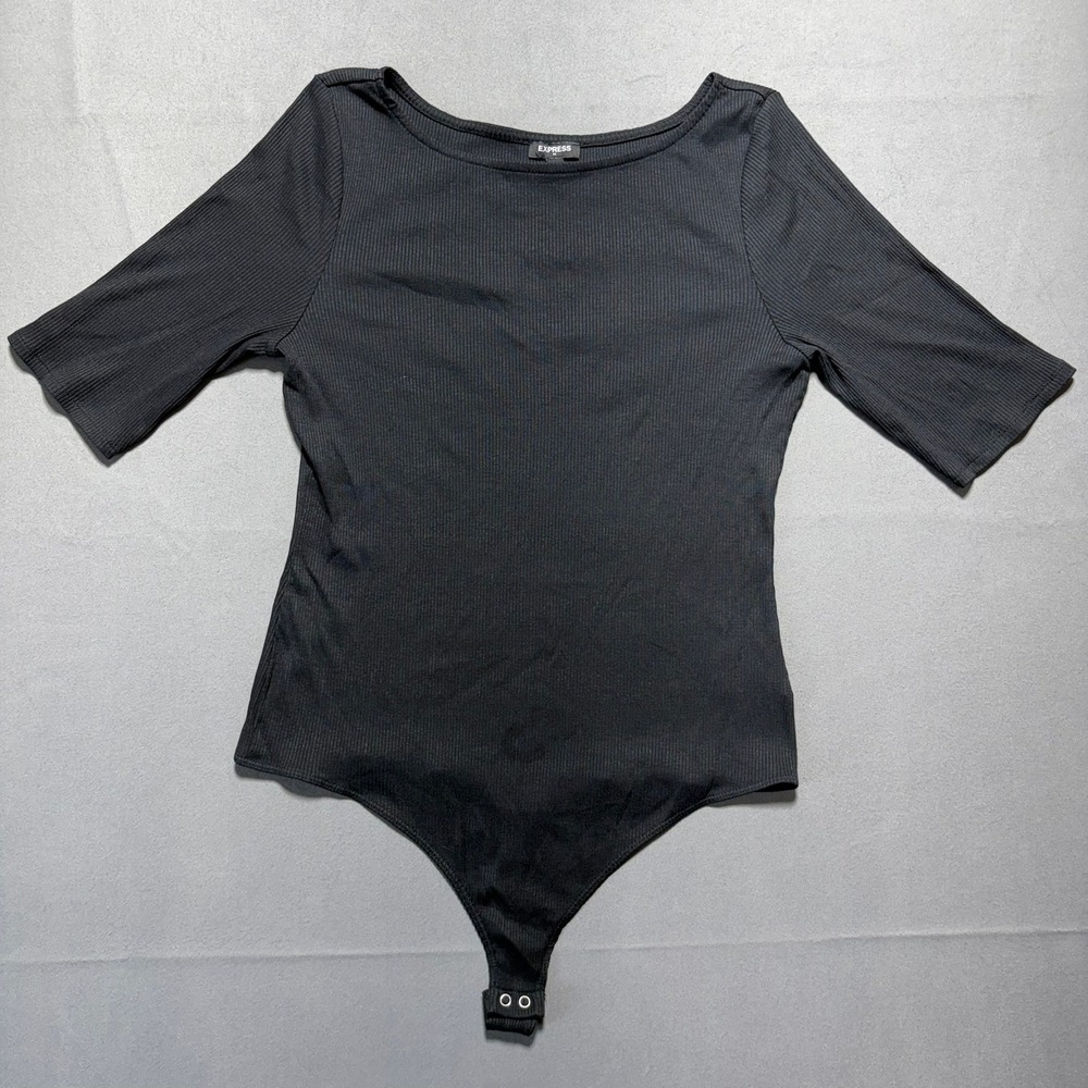 Express Black Ribbed Boat Neck Elbow Sleeve Bodysuit XL RN55285